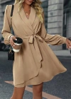 Kadın Uzun Kollu Kruvaze Yakalı Belden Kuşaklı Mini çift Katlı Ithal Krep Elbise