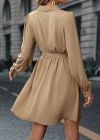 Kadın Uzun Kollu Kruvaze Yakalı Belden Kuşaklı Mini çift Katlı Ithal Krep Elbise