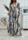 Kadın Uzun Kollu Kruvaze Yakalı Beli Kuşaklı Desenli Süprem Maxi Elbise