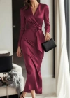 Kadın Uzun Kollu Kruvaze Yakalı Beli Kuşaklı Uzun Saten Elbise