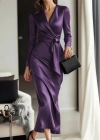 Kadın Uzun Kollu Kruvaze Yakalı Beli Kuşaklı Uzun Saten Elbise