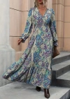 Kadın Uzun Kollu Kruvaze Yakalı Desenli Süprem Maxi Elbise