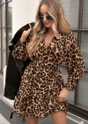 Kadın Uzun Kollu Kruvaze Yakalı Fırfırlı Belden Kuşaklı Leopar Desen Modal Elbise