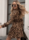 Kadın Uzun Kollu Kruvaze Yakalı Fırfırlı Belden Kuşaklı Leopar Desen Modal Elbise