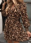 Kadın Uzun Kollu Kruvaze Yakalı Fırfırlı Belden Kuşaklı Leopar Desen Modal Elbise