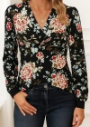 Kadın Uzun Kollu Kruvaze Yakalı Kelebek Desenli şardonlu Dalgıç Bluz