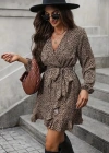 Kadın Uzun Kollu Kruvaze Yakalı Kuşaklı Desenli Kısa Modal Mini Elbise