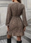 Kadın Uzun Kollu Kruvaze Yakalı Kuşaklı Desenli Kısa Modal Mini Elbise