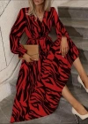 Kadın Uzun Kollu Kruvaze Yakalı Kuşaklı Zebra Desenli Süprem Maxi Elbise