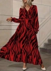 Kadın Uzun Kollu Kruvaze Yakalı Kuşaklı Zebra Desenli Süprem Maxi Elbise