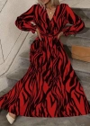 Kadın Uzun Kollu Kruvaze Yakalı Kuşaklı Zebra Desenli Süprem Maxi Elbise