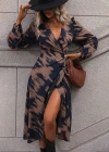 Kadın Uzun Kollu Kruvaze Yakalı Yandan Bağlamalı Desenli Mini Modal Elbise