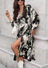 Kadın Uzun Kollu Kruvaze Yakalı Yandan Bağlamalı Desenli Mini Modal Elbise