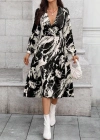 Kadın Uzun Kollu Kruvaze Yakalı Yandan Bağlamalı Desenli Mini Modal Elbise
