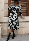 Kadın Uzun Kollu Kruvaze Yakalı Yandan Bağlamalı Desenli Mini Modal Elbise