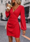 Kadın Uzun Kollu Kruvaze Yakalı Yanlardan Büzgü Detaylı Ithal Krep Kısa Elbise