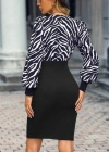Kadın Uzun Kollu Kruvaze Yakalı Zebra Desenli Kısa Krep Elbise