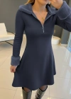 Kadın Uzun Kollu Kürk Yakalı Fermuarlı Mini Viskon Iki Iplik Elbise