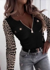 Kadın Uzun Kollu Leopar Desenli Fermuarlı önden Cep Ve Düğme Detaylı Kaşkorse Bluz