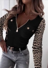 Kadın Uzun Kollu Leopar Desenli Fermuarlı önden Cep Ve Düğme Detaylı Kaşkorse Bluz