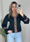 Kadın Uzun Kollu Leopar V Yakalı Krep Bluz