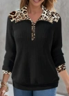 Kadın Uzun Kollu Leopar Yakalı Fermuarlı Waffle Bluz