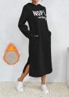Kadın Uzun Kollu Nope Yazılı Kapüşonlu Yırmaç Detay Midi Boy Elbise