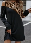 Kadın Uzun Kollu Omuzdan Açık Leopar Desenli Viskon Iki Iplik Mini Elbise