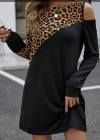 Kadın Uzun Kollu Omuzdan Açık Leopar Desenli Viskon Iki Iplik Mini Elbise