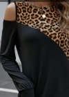 Kadın Uzun Kollu Omuzdan Açık Leopar Desenli Viskon Iki Iplik Mini Elbise