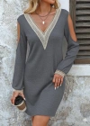 Kadın Uzun Kollu Omuzdan Açık V Dantel Yakalı Mini Waffle Elbise