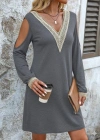 Kadın Uzun Kollu Omuzdan Açık V Dantel Yakalı Mini Waffle Elbise