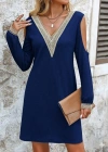 Kadın Uzun Kollu Omuzdan Açık V Dantel Yakalı Mini Waffle Elbise