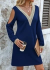 Kadın Uzun Kollu Omuzdan Açık V Dantel Yakalı Mini Waffle Elbise