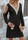 Kadın Uzun Kollu Omuzdan Açık V Dantel Yakalı Mini Waffle Elbise