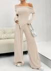 Kadın Uzun Kollu Omuzlardan Açık Asimetrik Kesim Kaşkorse Bluz Ve Pantolon Ikili Pantolon