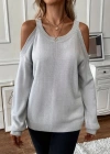 Kadın Uzun Kollu Omuzlardan Açık Askılı Triko Bluz