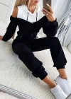 Kadın Uzun Kollu Omuzlardan Açık Kapşonlu Bağcıklı çift Renkli Viskon Iki Iplik Bluz Ve Pantolon Ikili Takım