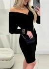 Kadın Uzun Kollu Omuzlardan Açık Kruvaze Yaka Kısa Triko Elbise