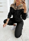 Kadın Uzun Kollu Omuzlardan Açık Leopar Desenli Kapşonlu Viskon Iki Iplik Bluz Ve Pantolon Ikili Takım