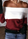 Kadın Uzun Kollu Omuzlardan Açık Uzun Kollu Blok çizgili Triko Bluz