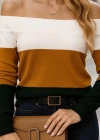 Kadın Uzun Kollu Omuzlardan Açık Uzun Kollu Blok çizgili Triko Bluz