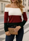 Kadın Uzun Kollu Omuzlardan Açık Uzun Kollu Blok çizgili Triko Bluz