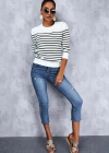Kadın Uzun Kollu Omuzu Düğme Detay çizgili Triko Kazak