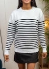 Kadın Uzun Kollu Omuzu Düğme Detay çizgili Triko Kazak