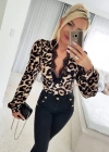 Kadın Uzun Kollu önden Derin Dantel Yaka Leopar Desenli Dalgıç Bluz
