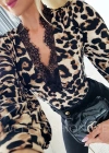 Kadın Uzun Kollu önden Derin Dantel Yaka Leopar Desenli Dalgıç Bluz