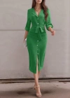 Kadın Uzun Kollu önden Düğmeli Beli Kuşaklı Aerobin Midi Elbise