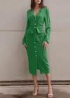 Kadın Uzun Kollu önden Düğmeli Beli Kuşaklı Aerobin Midi Elbise
