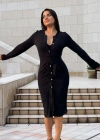 Kadın Uzun Kollu önden Düğmeli Beli Kuşaklı Aerobin Midi Elbise